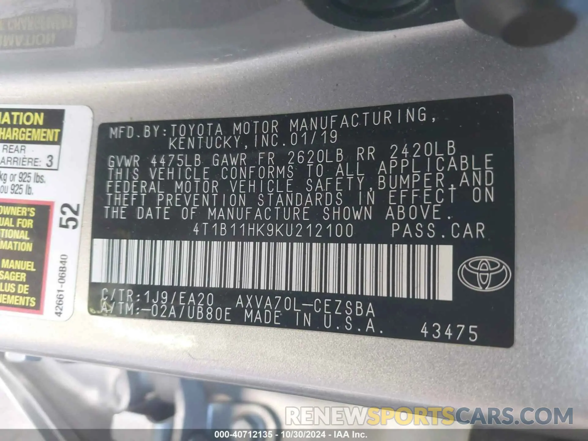 9 Photograph of a damaged car 4T1B11HK9KU212100 TOYOTA CAMRY 2019