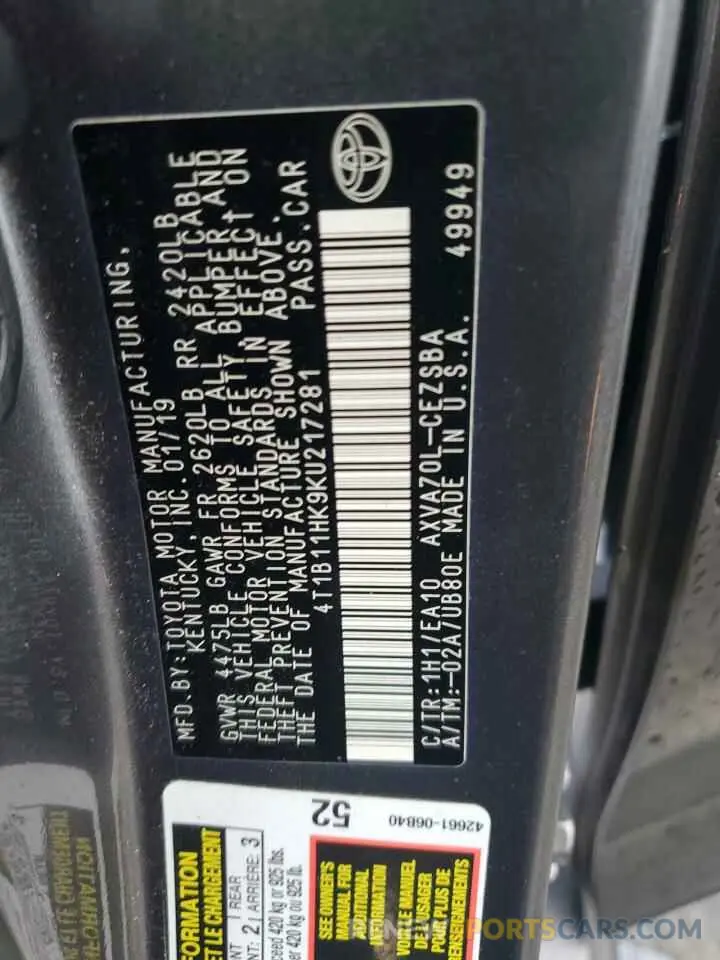 12 Photograph of a damaged car 4T1B11HK9KU217281 TOYOTA CAMRY 2019