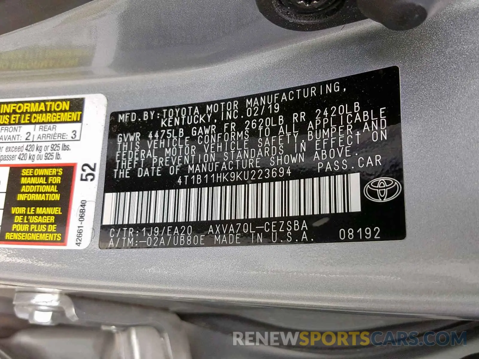 10 Photograph of a damaged car 4T1B11HK9KU223694 TOYOTA CAMRY 2019