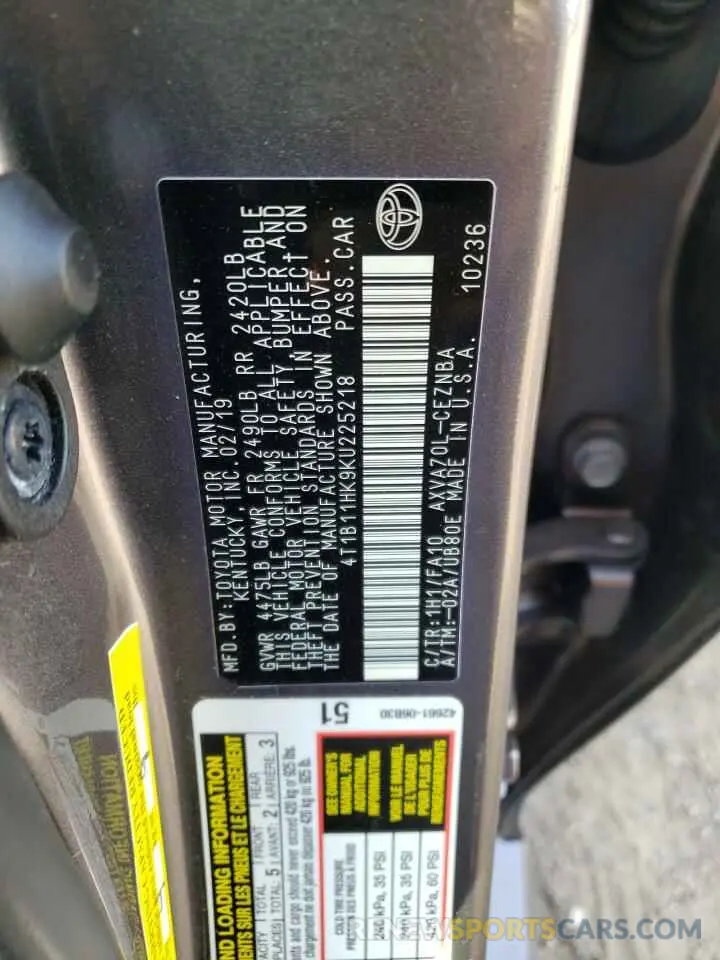 13 Photograph of a damaged car 4T1B11HK9KU225218 TOYOTA CAMRY 2019