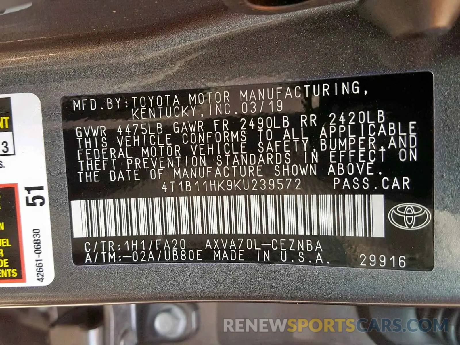 10 Photograph of a damaged car 4T1B11HK9KU239572 TOYOTA CAMRY 2019