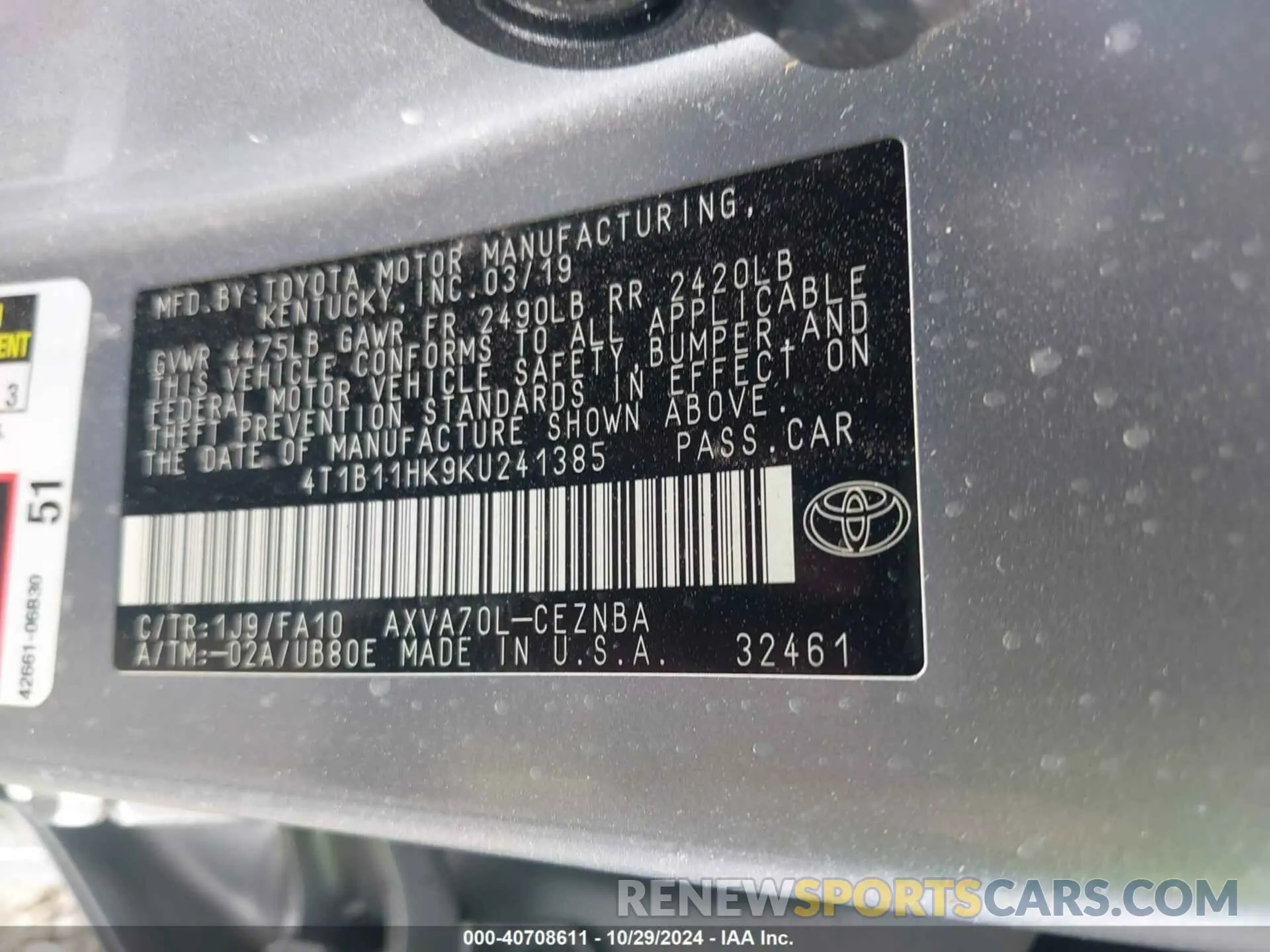 9 Photograph of a damaged car 4T1B11HK9KU241385 TOYOTA CAMRY 2019