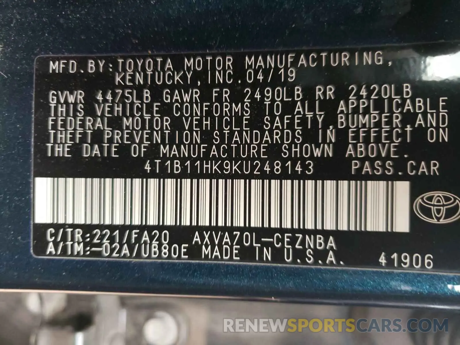 10 Photograph of a damaged car 4T1B11HK9KU248143 TOYOTA CAMRY 2019