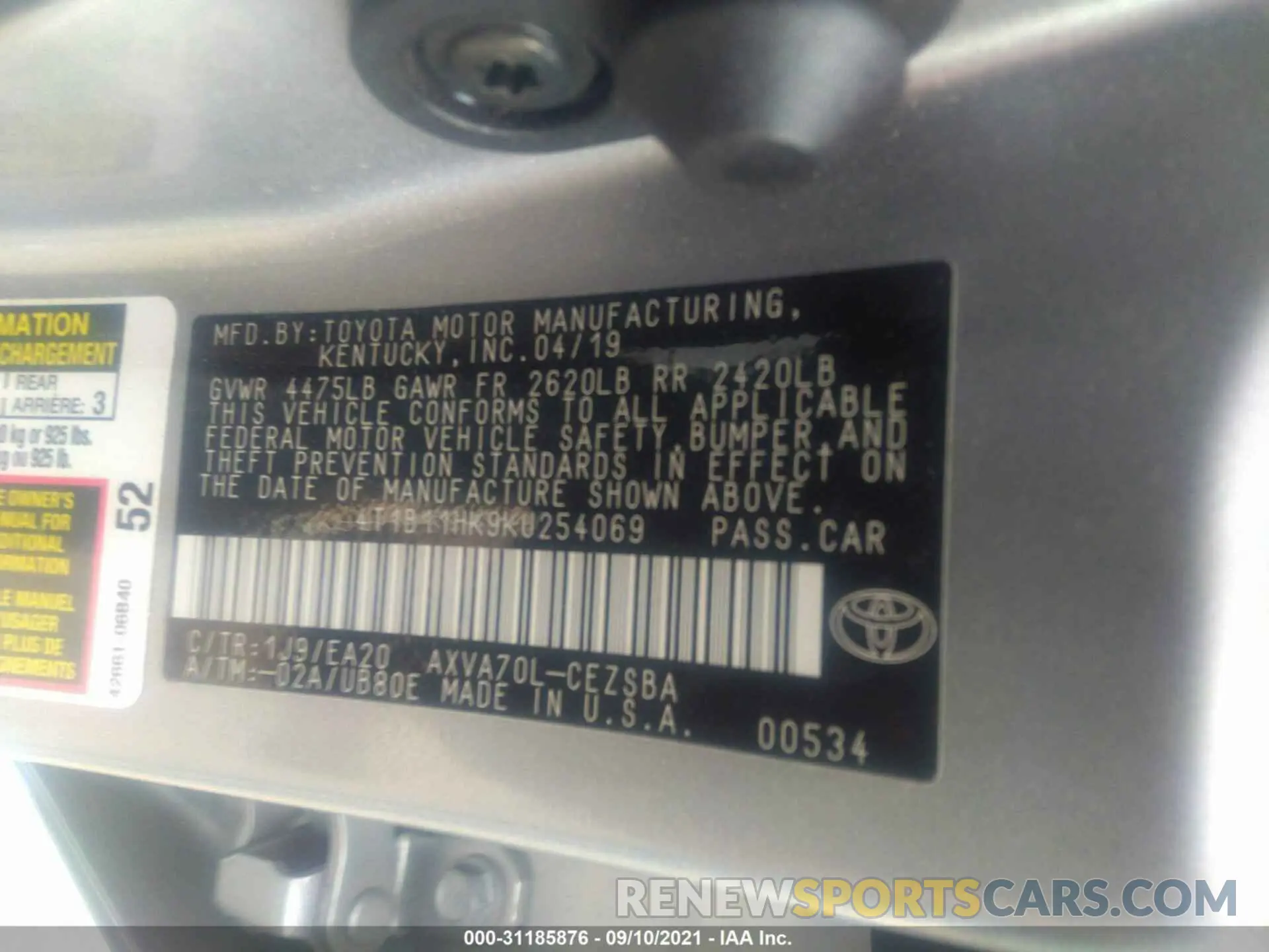 9 Photograph of a damaged car 4T1B11HK9KU254069 TOYOTA CAMRY 2019