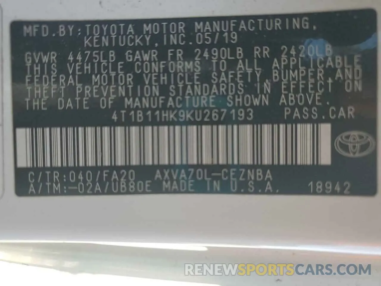13 Фотография поврежденного автомобиля 4T1B11HK9KU267193 TOYOTA CAMRY 2019