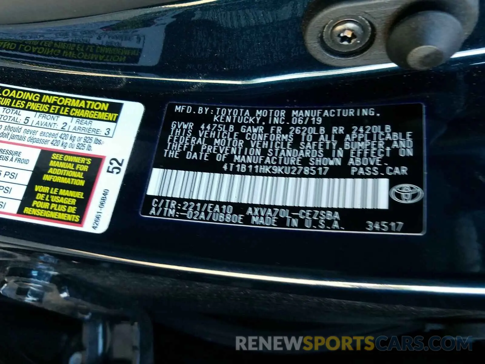 10 Photograph of a damaged car 4T1B11HK9KU278517 TOYOTA CAMRY 2019