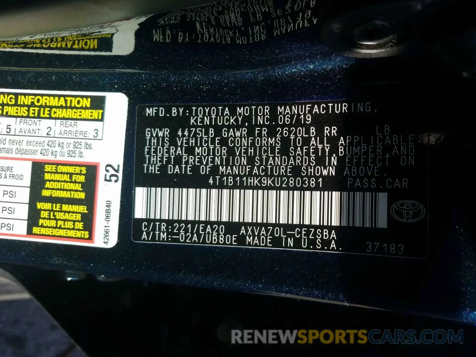 10 Photograph of a damaged car 4T1B11HK9KU280381 TOYOTA CAMRY 2019