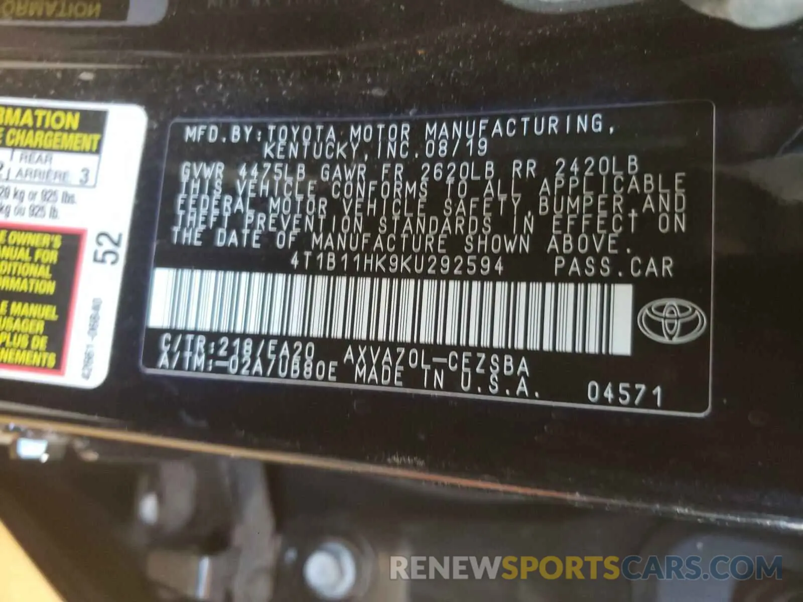 10 Photograph of a damaged car 4T1B11HK9KU292594 TOYOTA CAMRY 2019