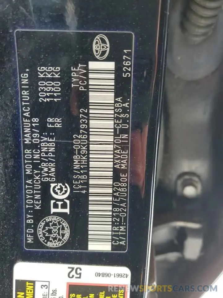13 Photograph of a damaged car 4T1B11HK9KU679372 TOYOTA CAMRY 2019