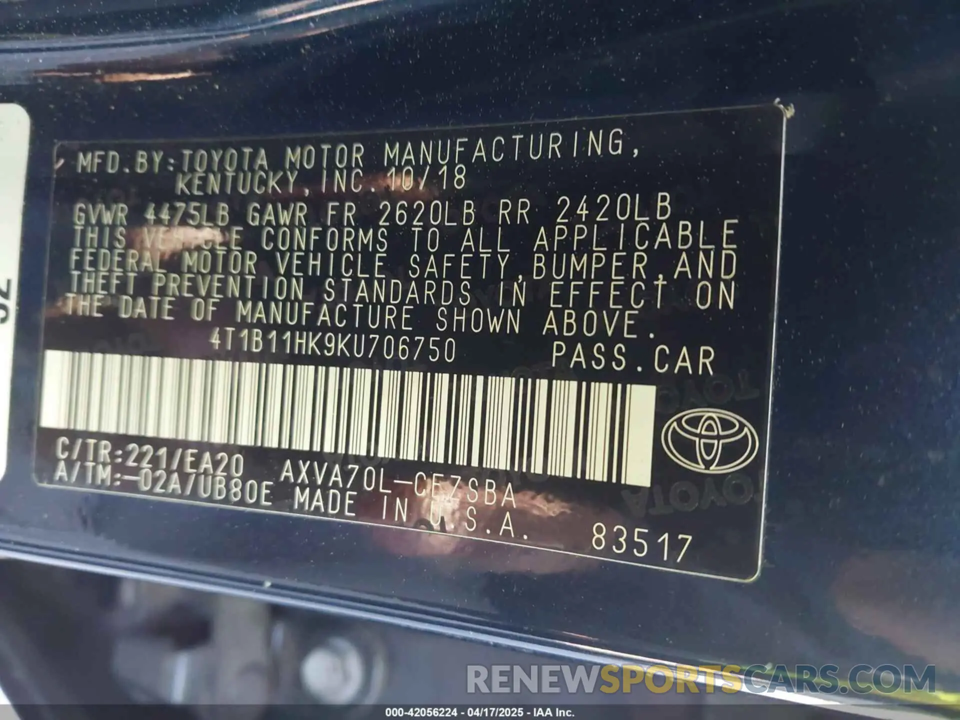 9 Фотография поврежденного автомобиля 4T1B11HK9KU706750 TOYOTA CAMRY 2019