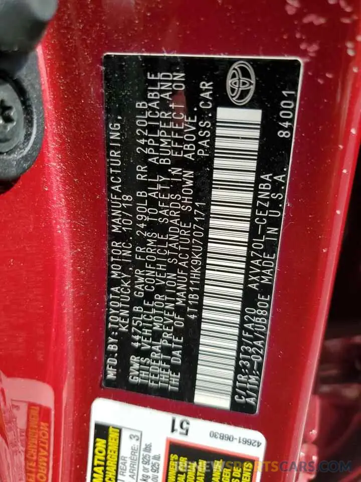 12 Photograph of a damaged car 4T1B11HK9KU707171 TOYOTA CAMRY 2019