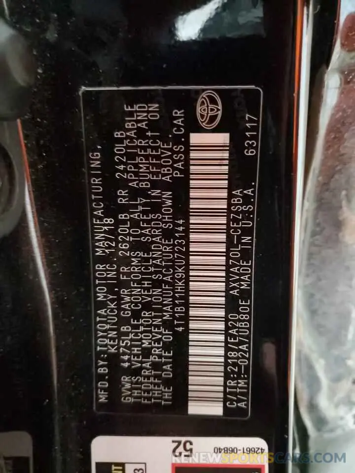 12 Photograph of a damaged car 4T1B11HK9KU723144 TOYOTA CAMRY 2019