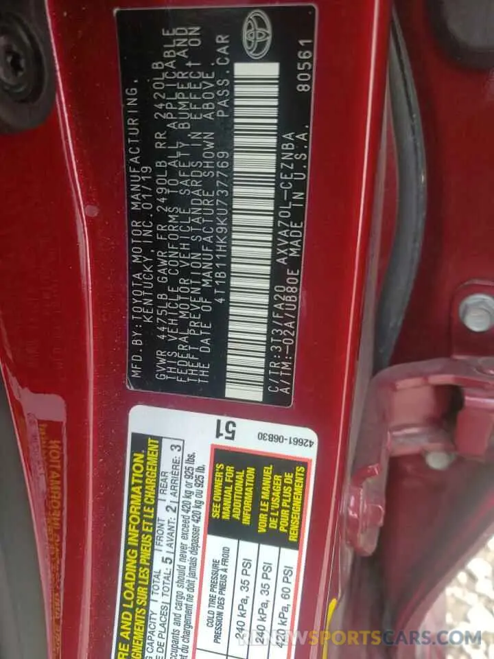 10 Фотография поврежденного автомобиля 4T1B11HK9KU737769 TOYOTA CAMRY 2019