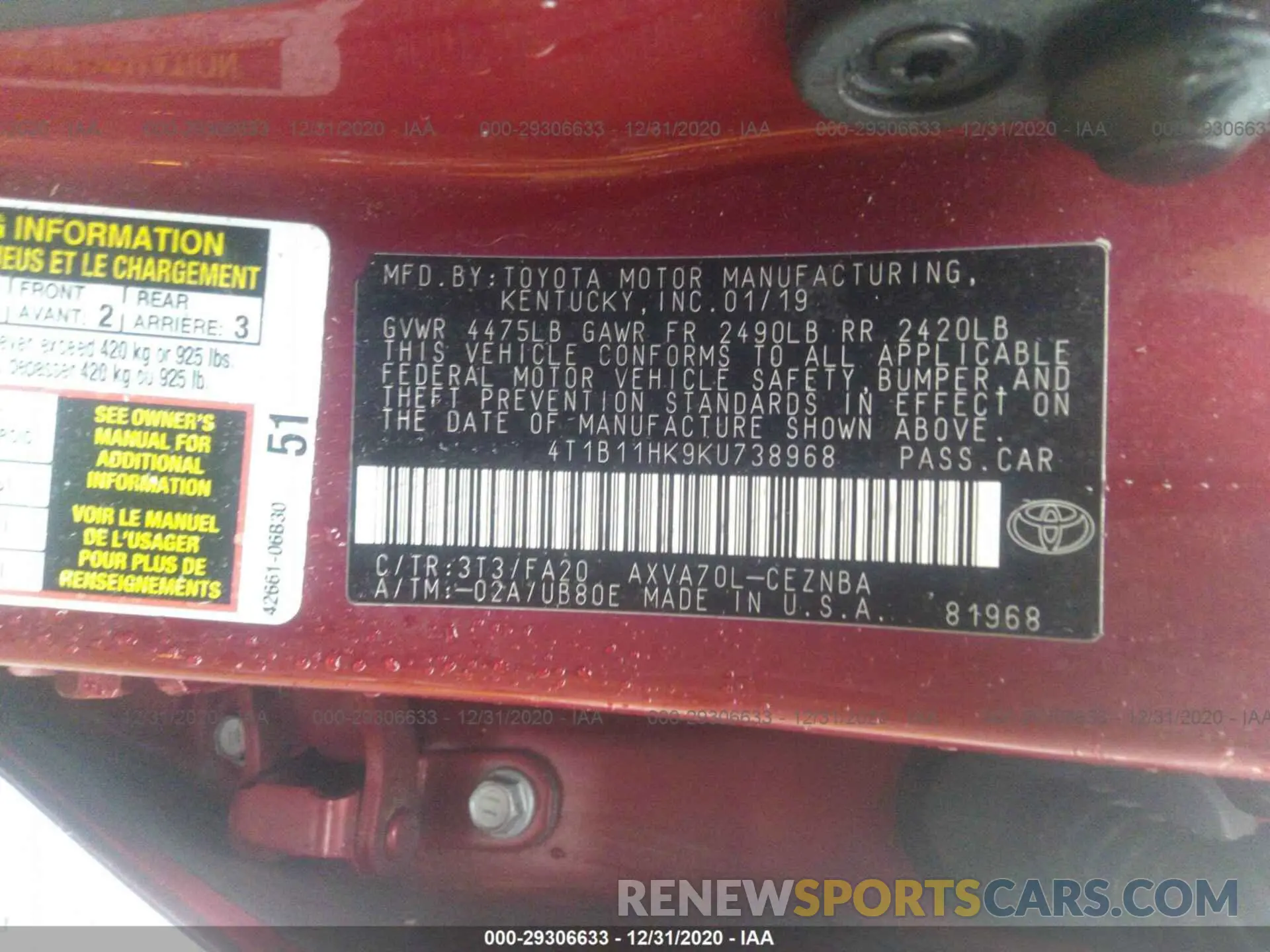 9 Photograph of a damaged car 4T1B11HK9KU738968 TOYOTA CAMRY 2019