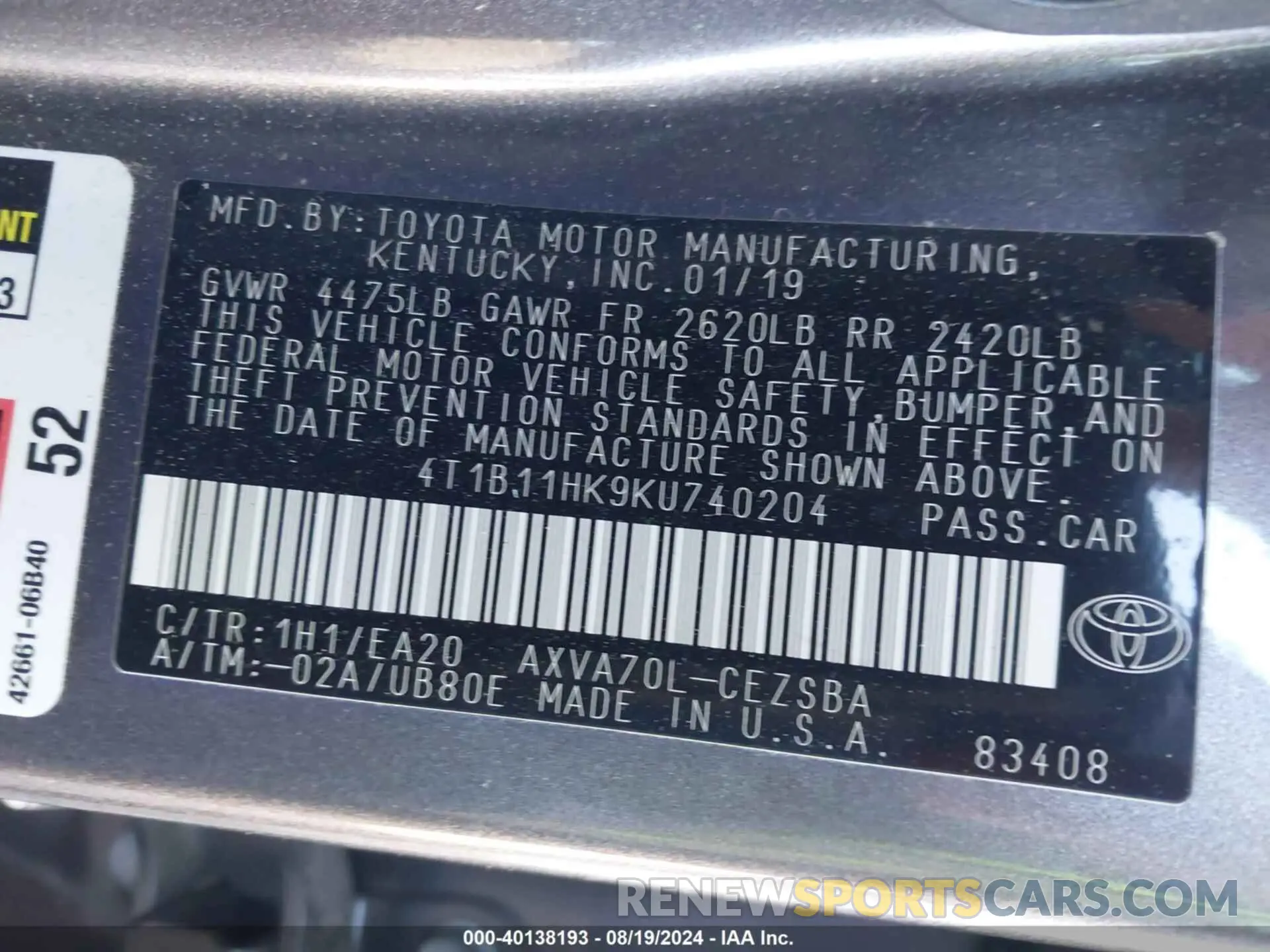 9 Photograph of a damaged car 4T1B11HK9KU740204 TOYOTA CAMRY 2019