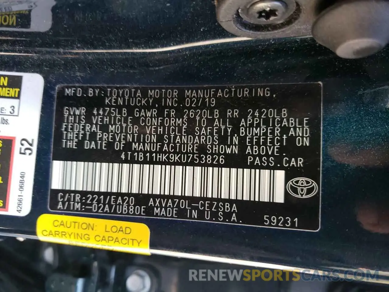 10 Фотография поврежденного автомобиля 4T1B11HK9KU753826 TOYOTA CAMRY 2019