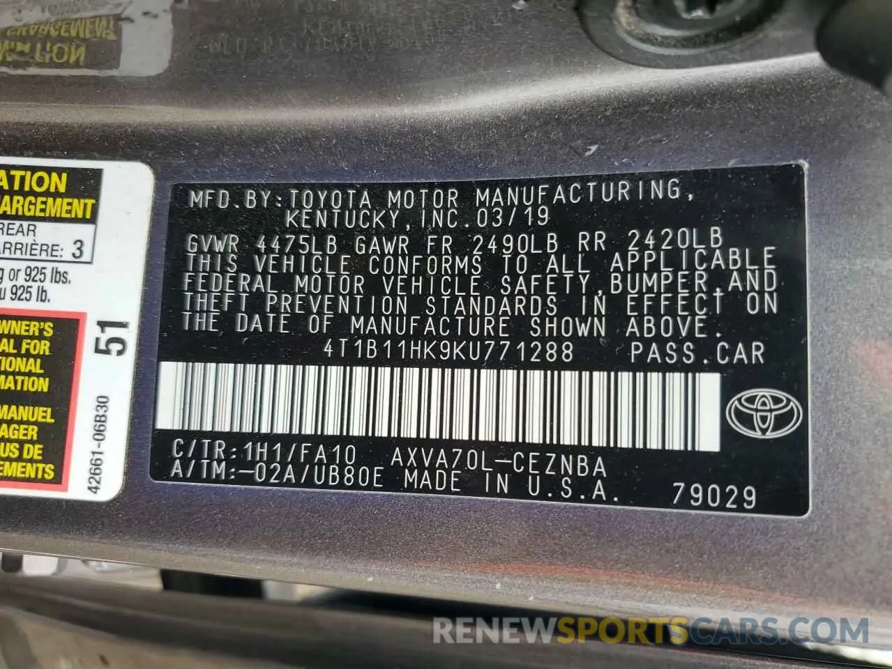 12 Photograph of a damaged car 4T1B11HK9KU771288 TOYOTA CAMRY 2019