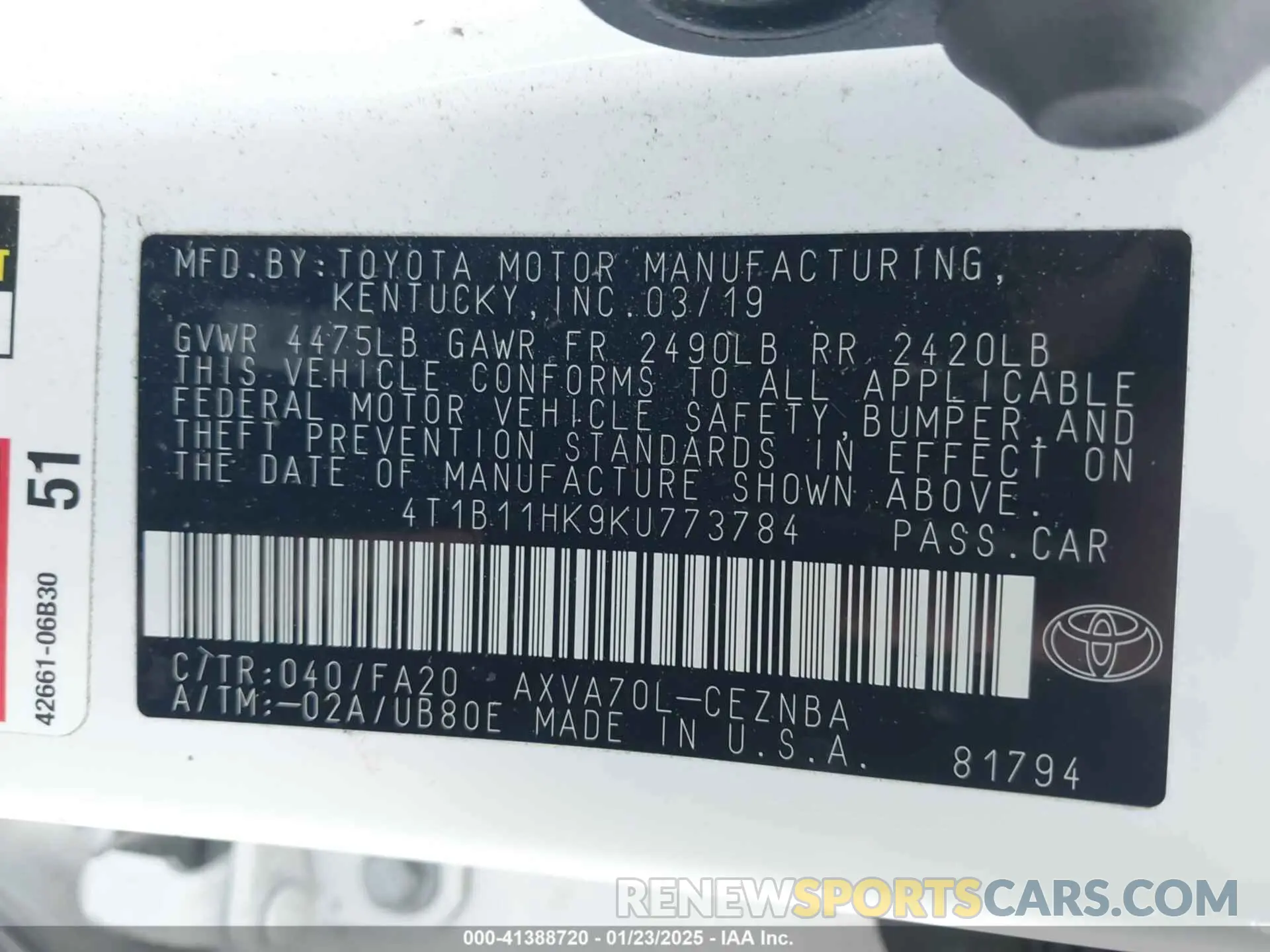 9 Фотография поврежденного автомобиля 4T1B11HK9KU773784 TOYOTA CAMRY 2019