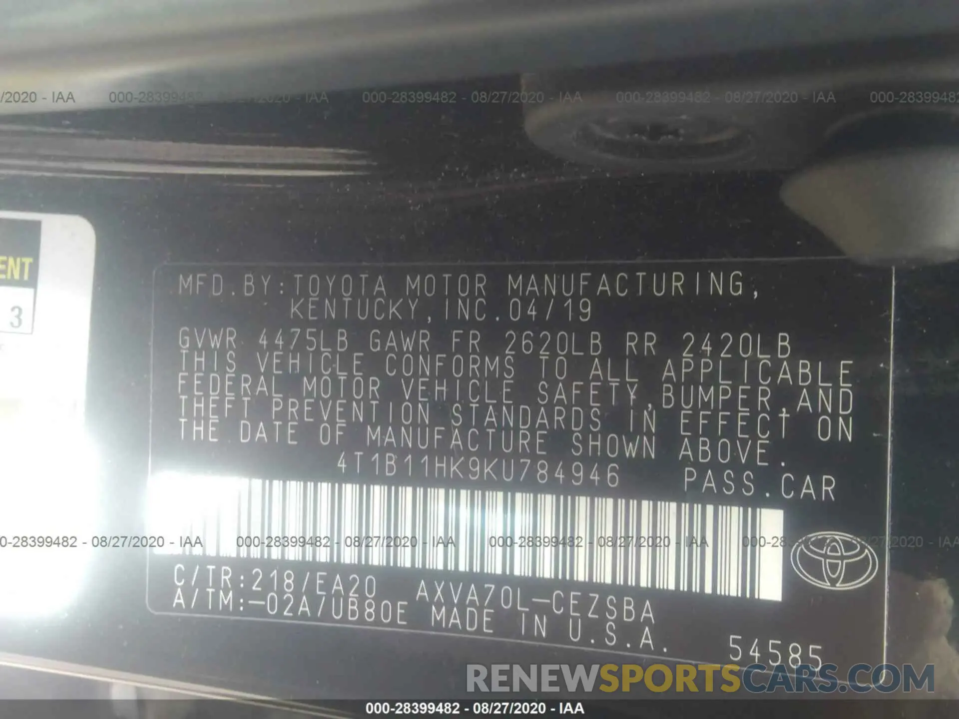 9 Photograph of a damaged car 4T1B11HK9KU784946 TOYOTA CAMRY 2019