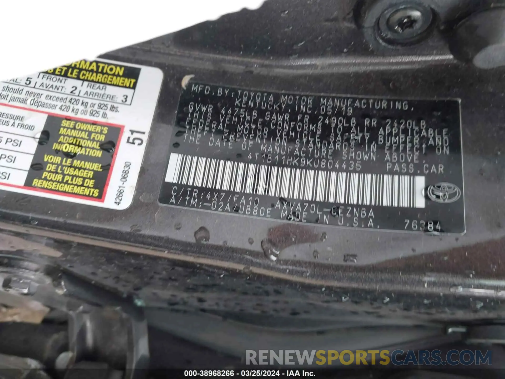 9 Photograph of a damaged car 4T1B11HK9KU804435 TOYOTA CAMRY 2019