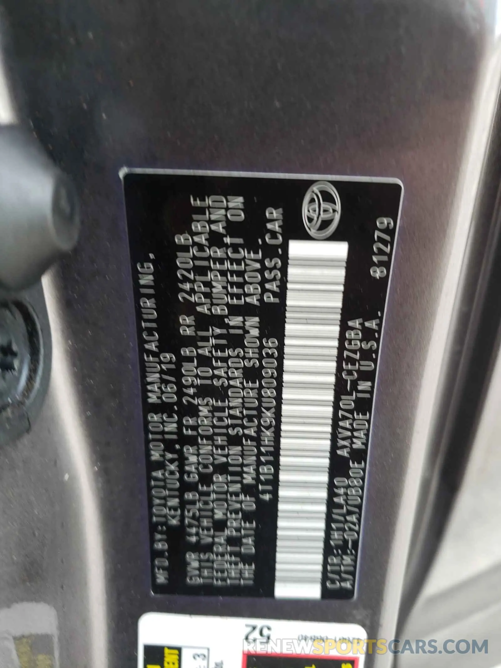 10 Photograph of a damaged car 4T1B11HK9KU809036 TOYOTA CAMRY 2019