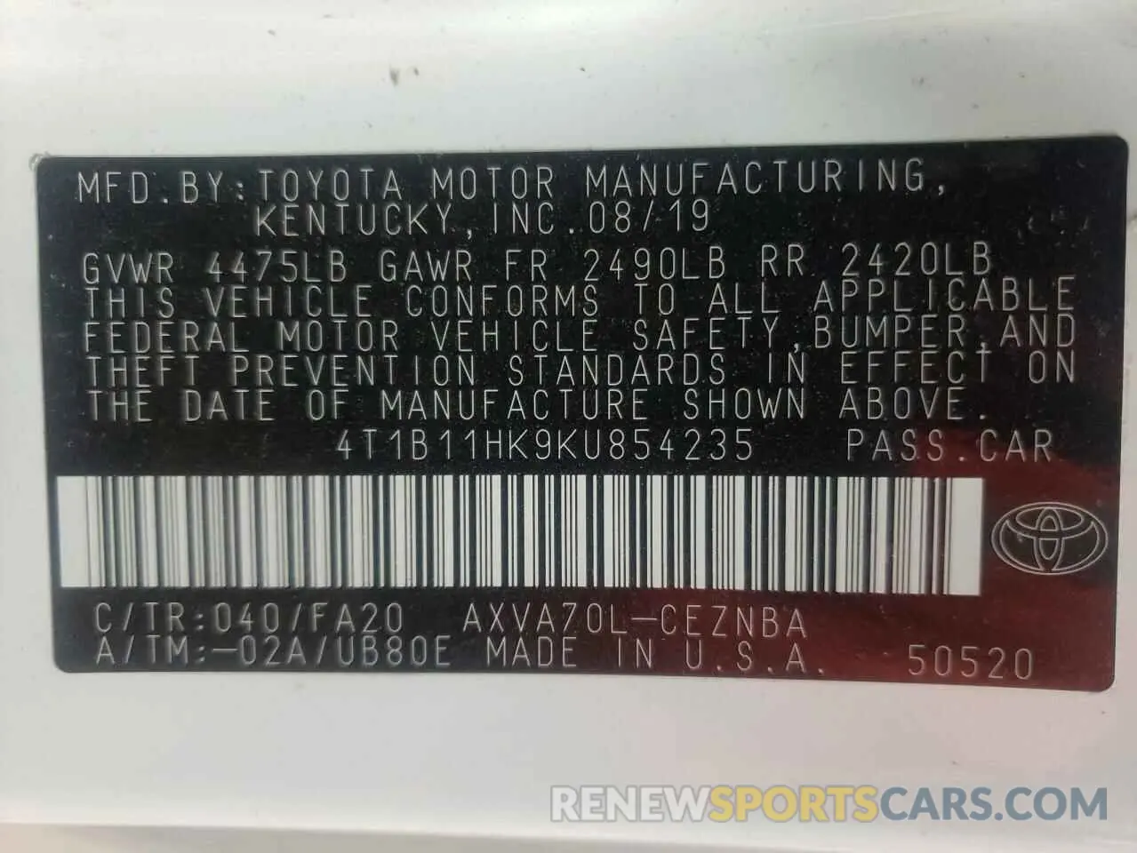 10 Photograph of a damaged car 4T1B11HK9KU854235 TOYOTA CAMRY 2019