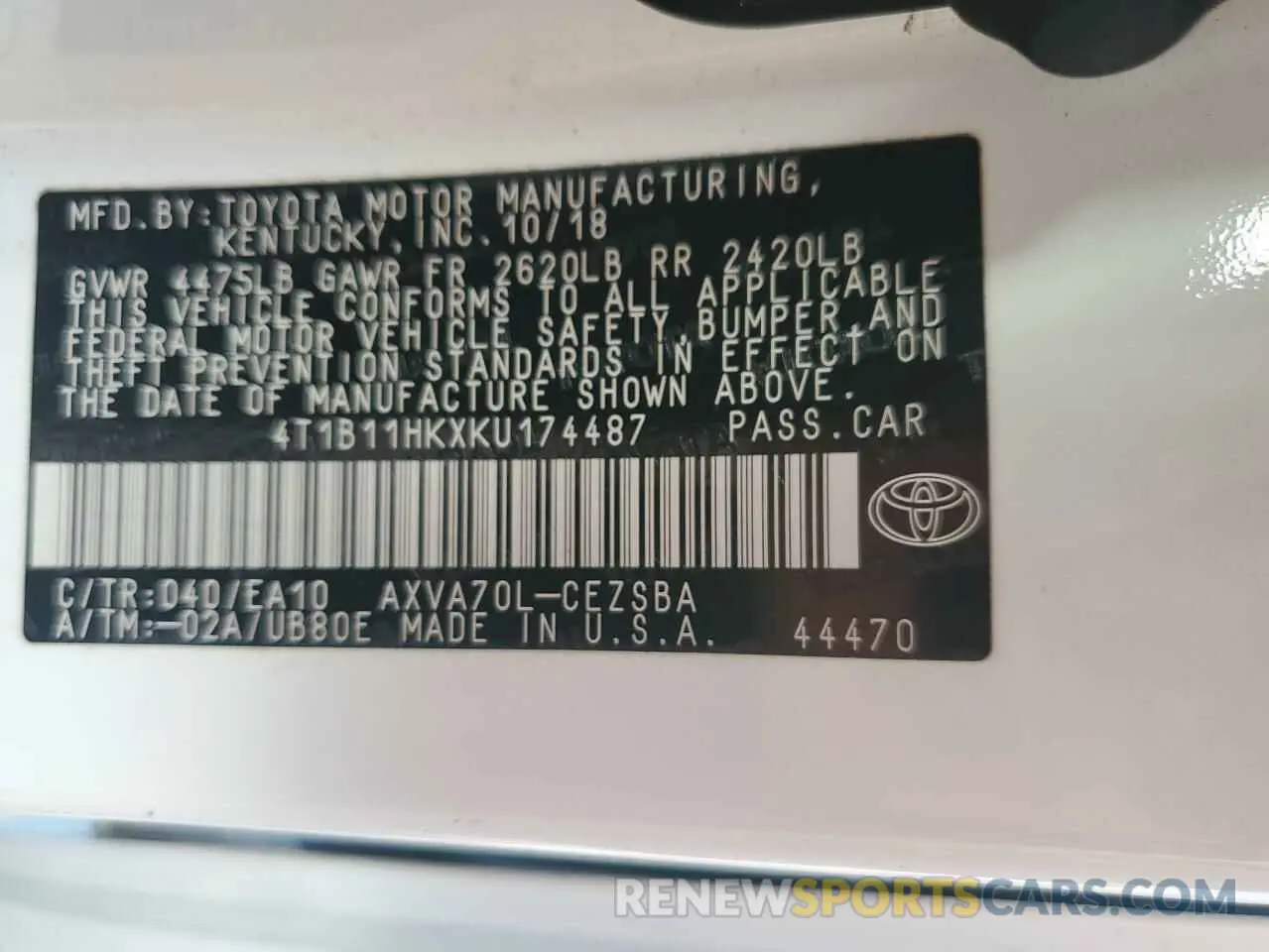 13 Photograph of a damaged car 4T1B11HKXKU174487 TOYOTA CAMRY 2019