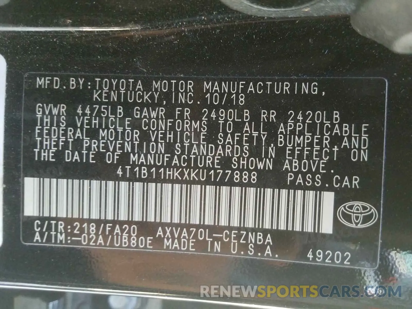 10 Photograph of a damaged car 4T1B11HKXKU177888 TOYOTA CAMRY 2019