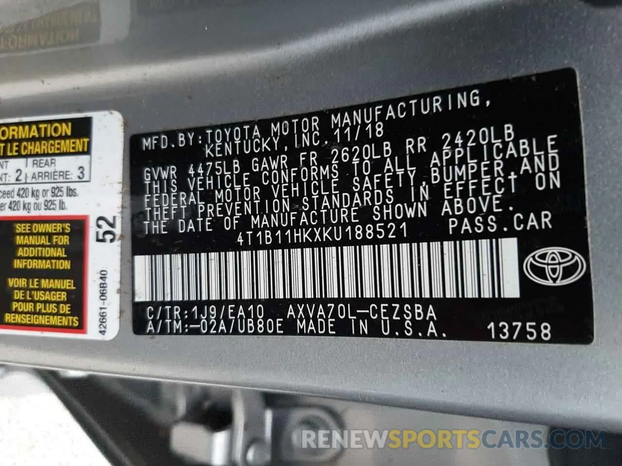 10 Фотография поврежденного автомобиля 4T1B11HKXKU188521 TOYOTA CAMRY 2019