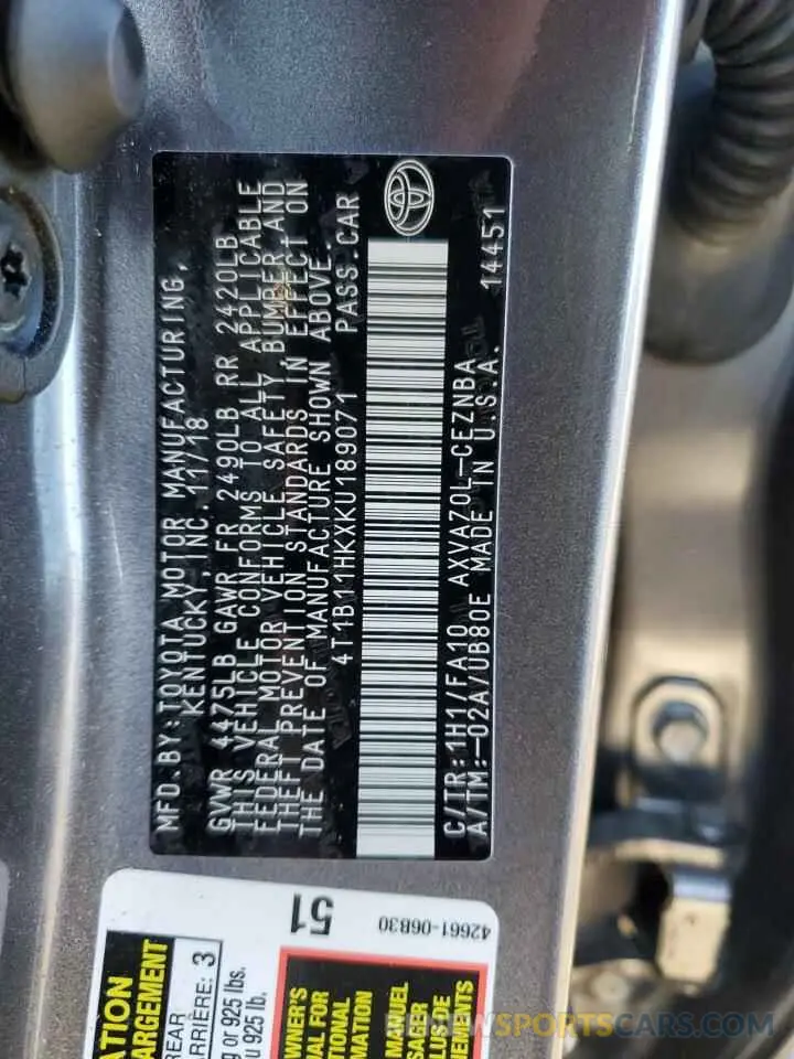 12 Фотография поврежденного автомобиля 4T1B11HKXKU189071 TOYOTA CAMRY 2019