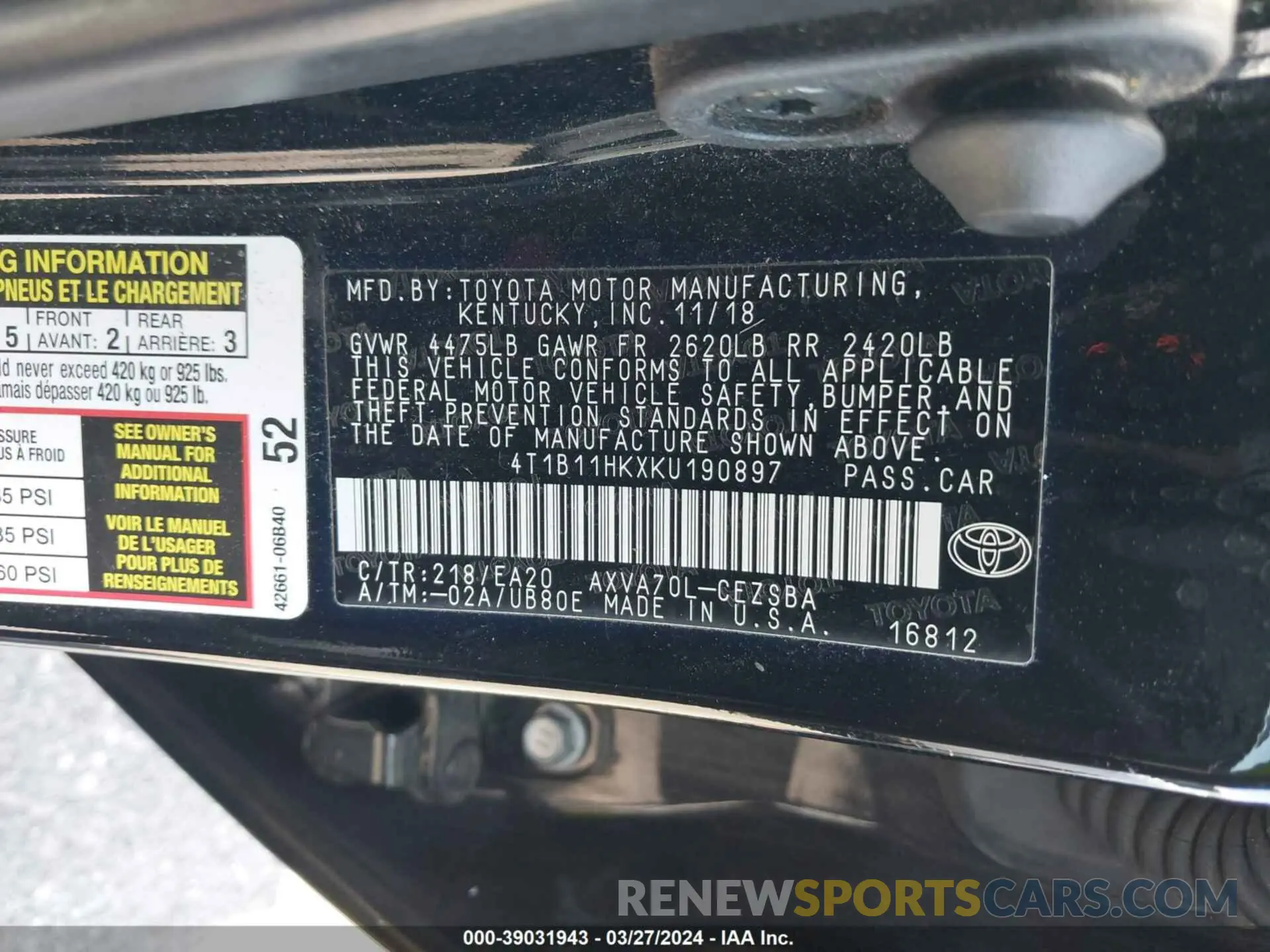 9 Фотография поврежденного автомобиля 4T1B11HKXKU190897 TOYOTA CAMRY 2019