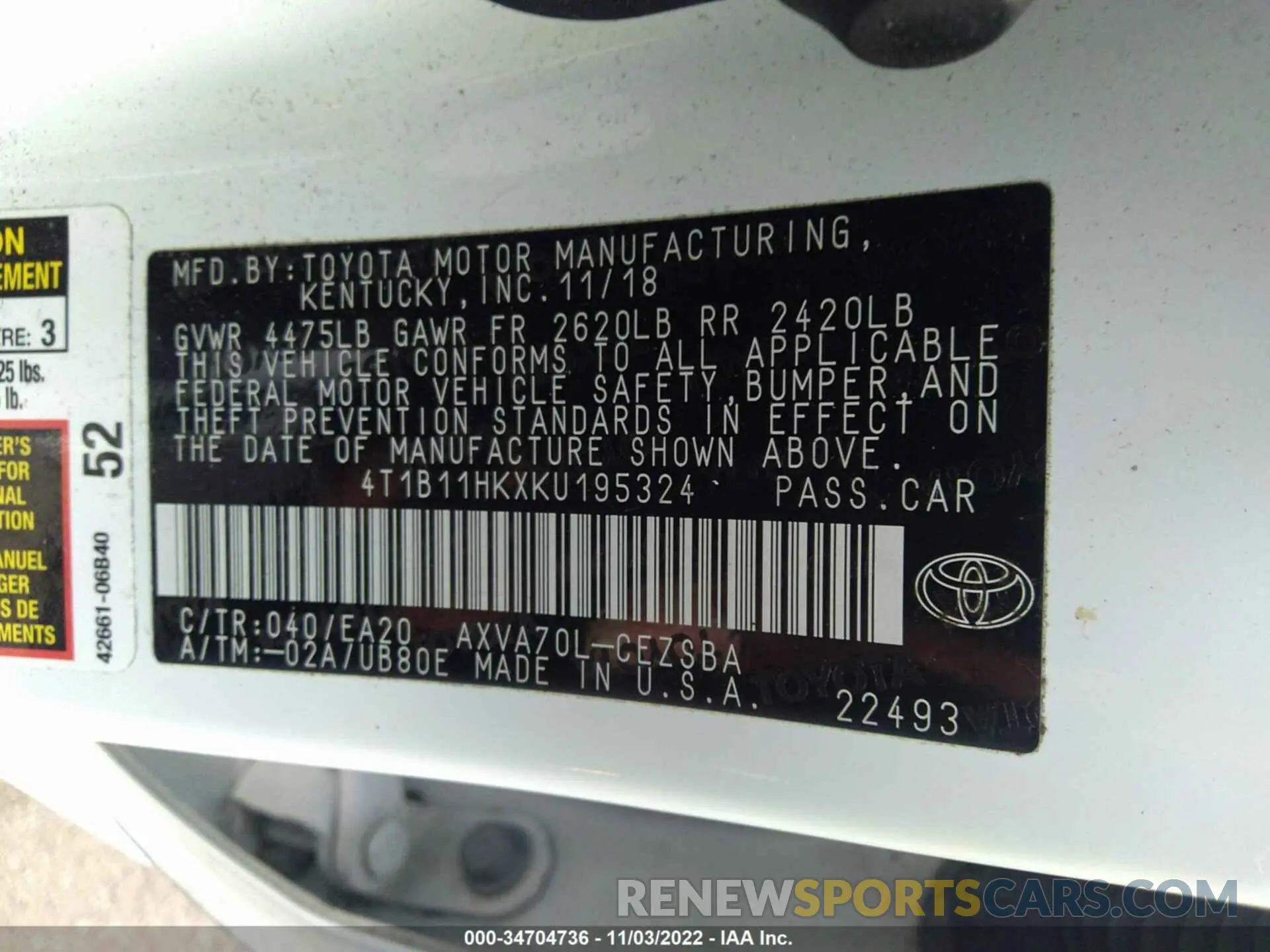 9 Фотография поврежденного автомобиля 4T1B11HKXKU195324 TOYOTA CAMRY 2019