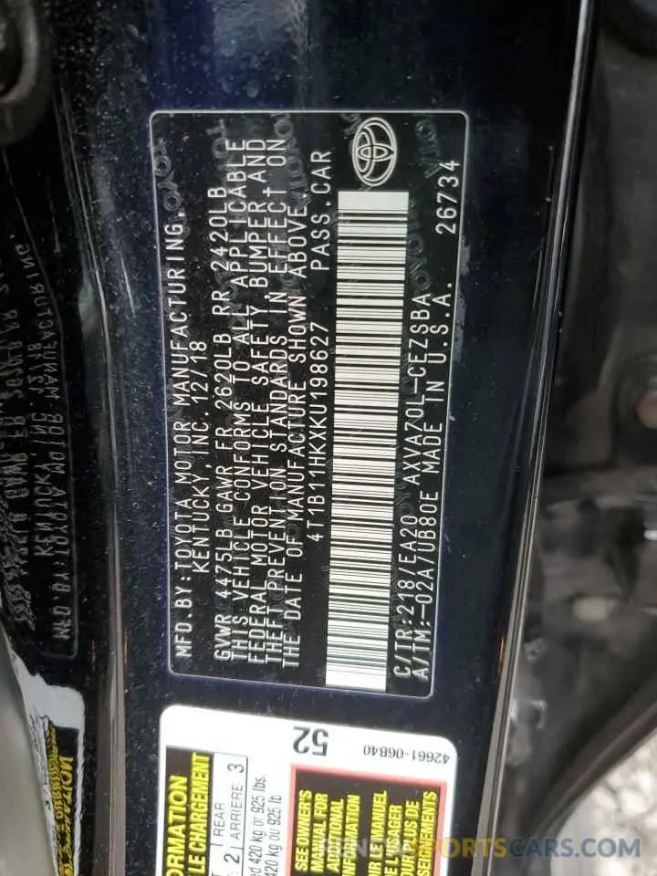 12 Фотография поврежденного автомобиля 4T1B11HKXKU198627 TOYOTA CAMRY 2019