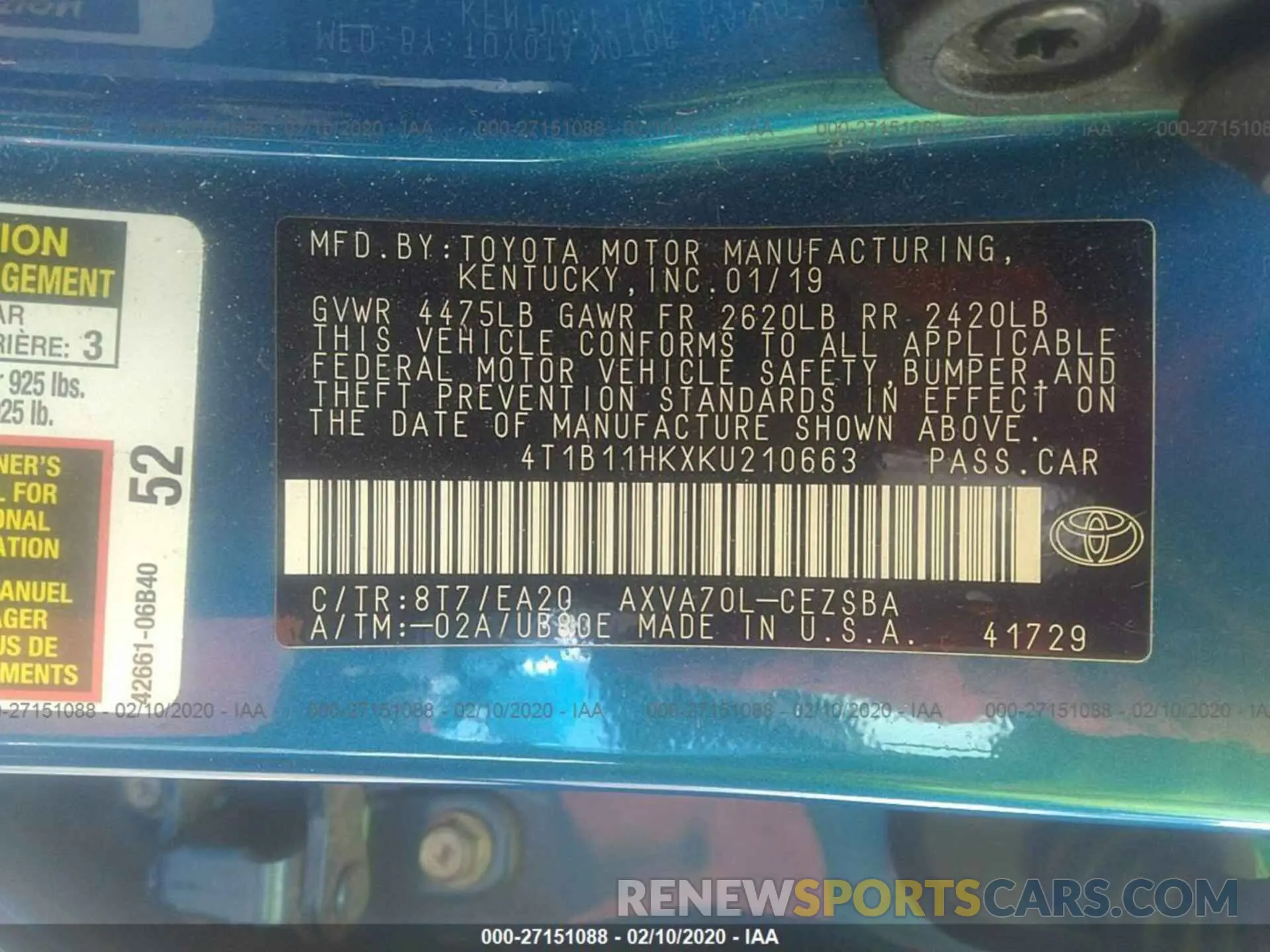 9 Photograph of a damaged car 4T1B11HKXKU210663 TOYOTA CAMRY 2019