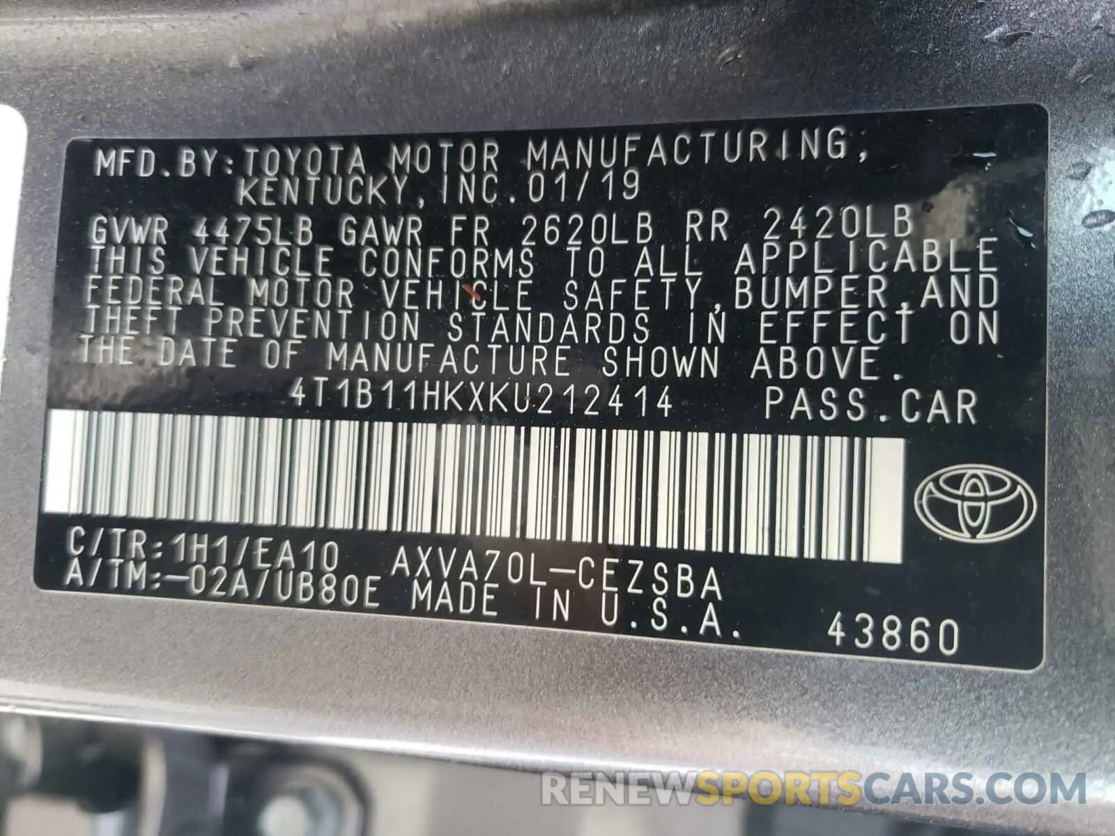10 Photograph of a damaged car 4T1B11HKXKU212414 TOYOTA CAMRY 2019