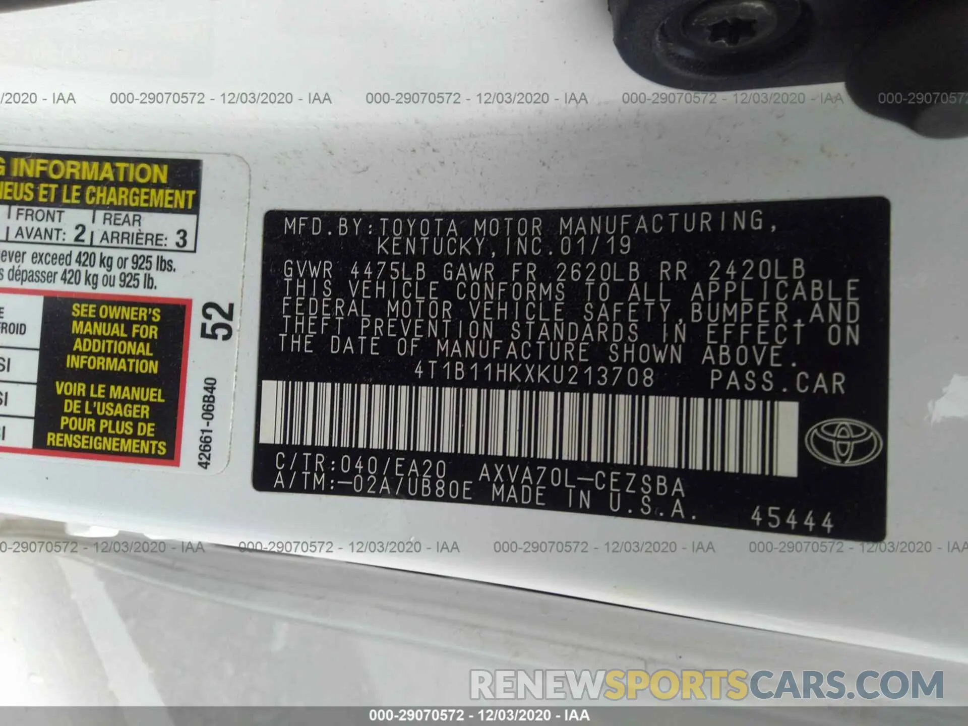 9 Photograph of a damaged car 4T1B11HKXKU213708 TOYOTA CAMRY 2019