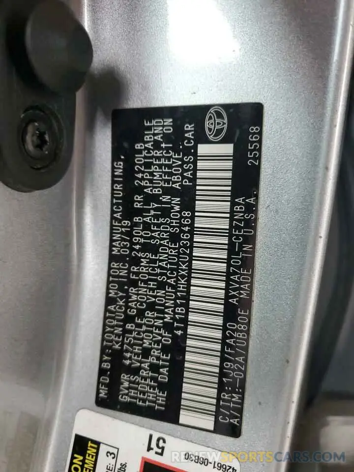 12 Фотография поврежденного автомобиля 4T1B11HKXKU236468 TOYOTA CAMRY 2019