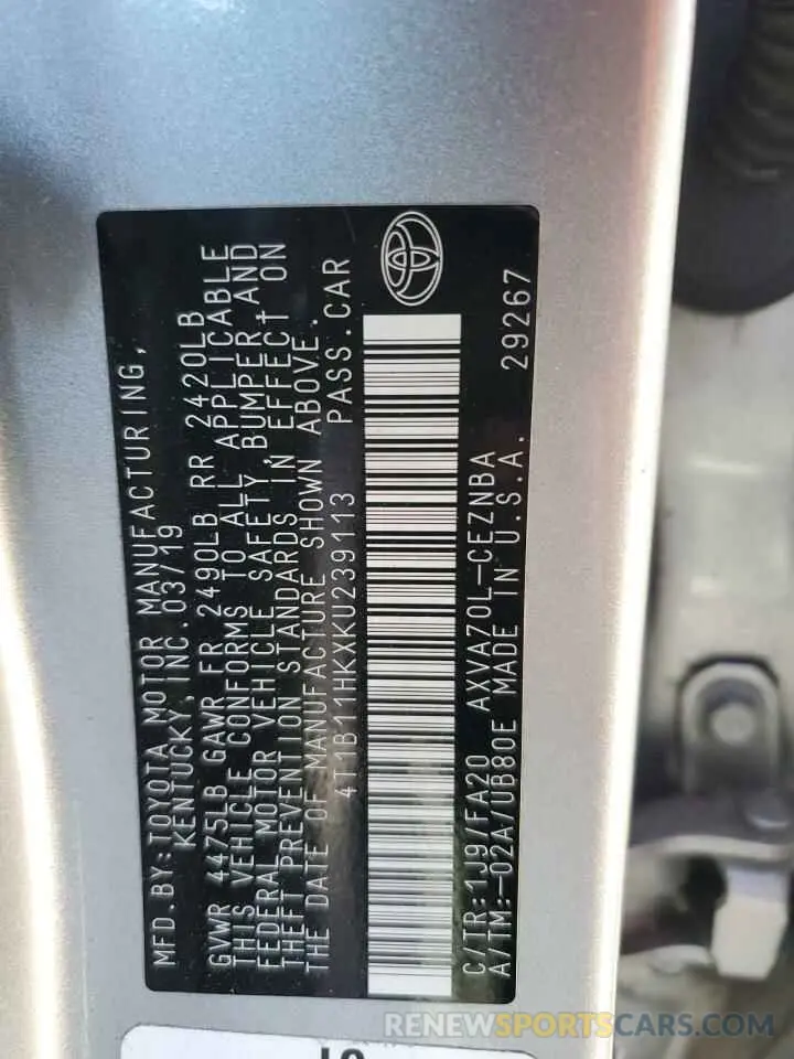 12 Photograph of a damaged car 4T1B11HKXKU239113 TOYOTA CAMRY 2019