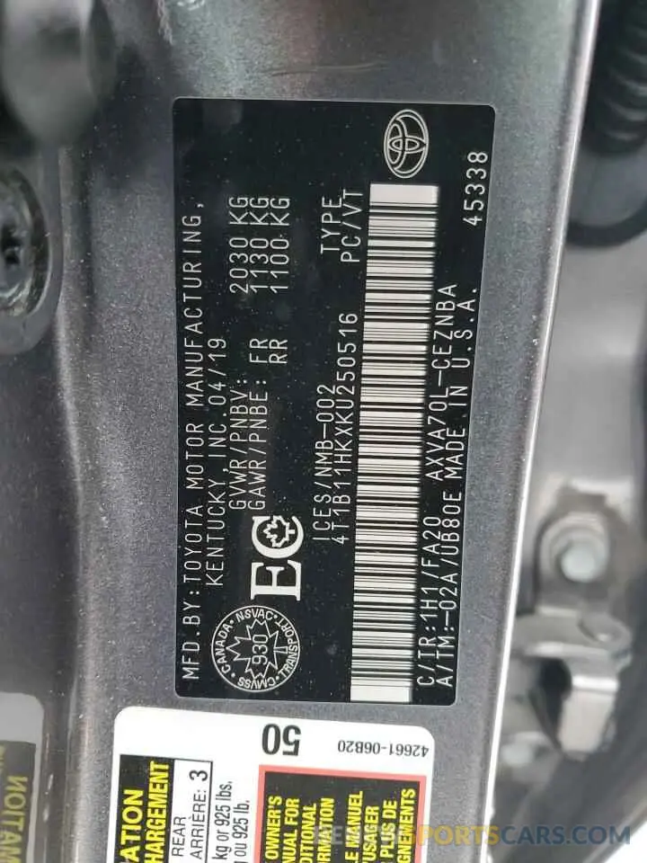 13 Photograph of a damaged car 4T1B11HKXKU250516 TOYOTA CAMRY 2019