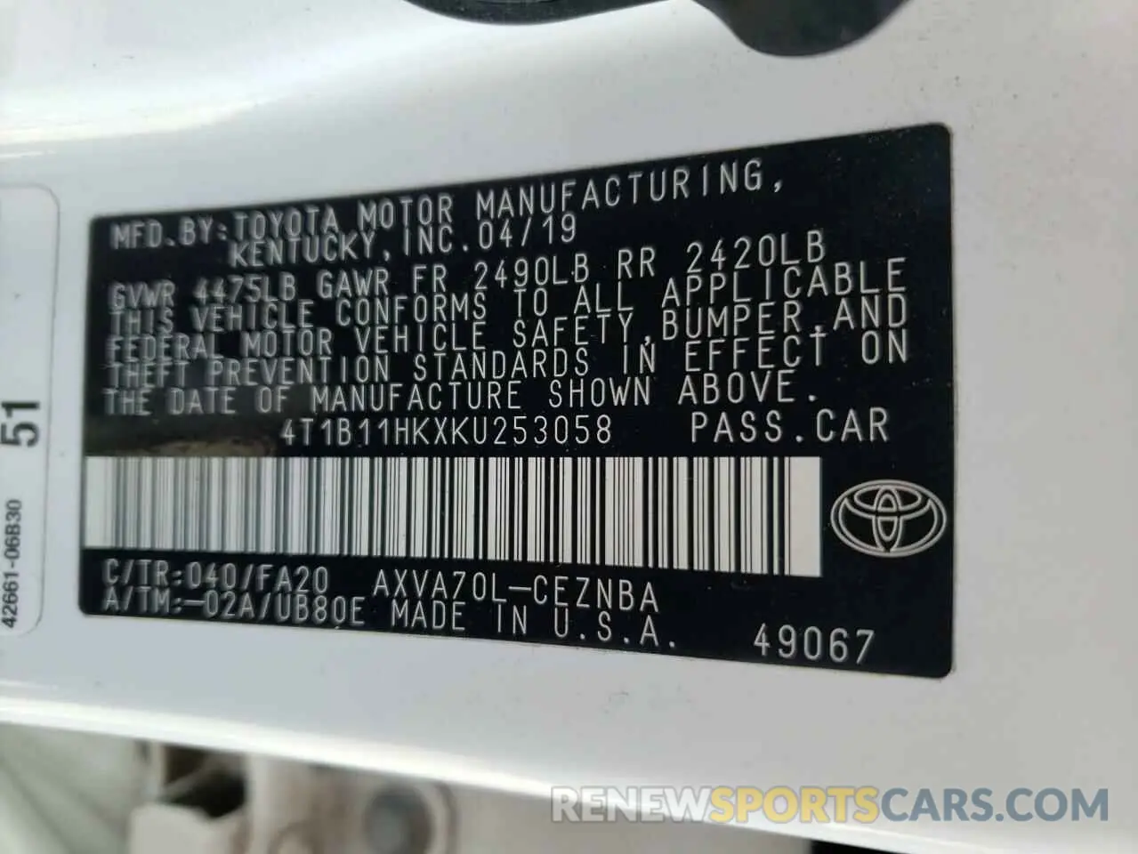 10 Фотография поврежденного автомобиля 4T1B11HKXKU253058 TOYOTA CAMRY 2019