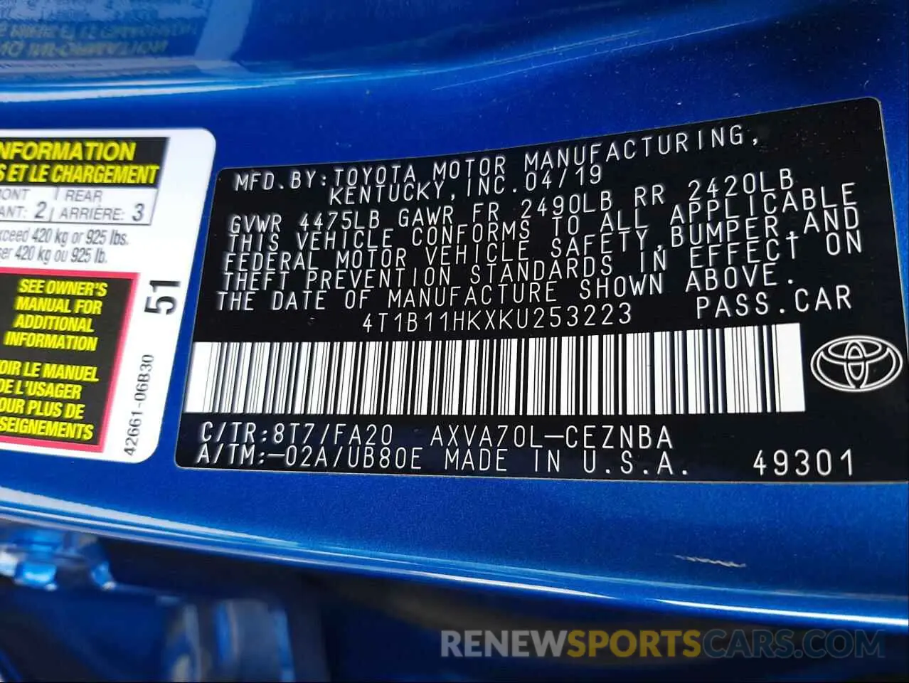 10 Photograph of a damaged car 4T1B11HKXKU253223 TOYOTA CAMRY 2019