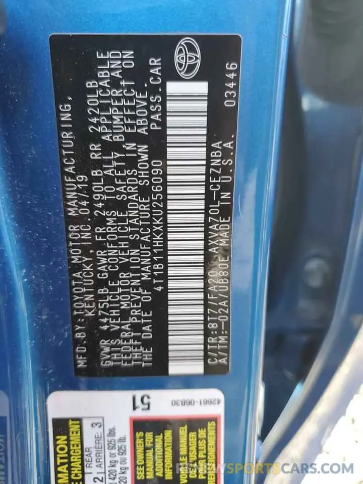 12 Photograph of a damaged car 4T1B11HKXKU256090 TOYOTA CAMRY 2019