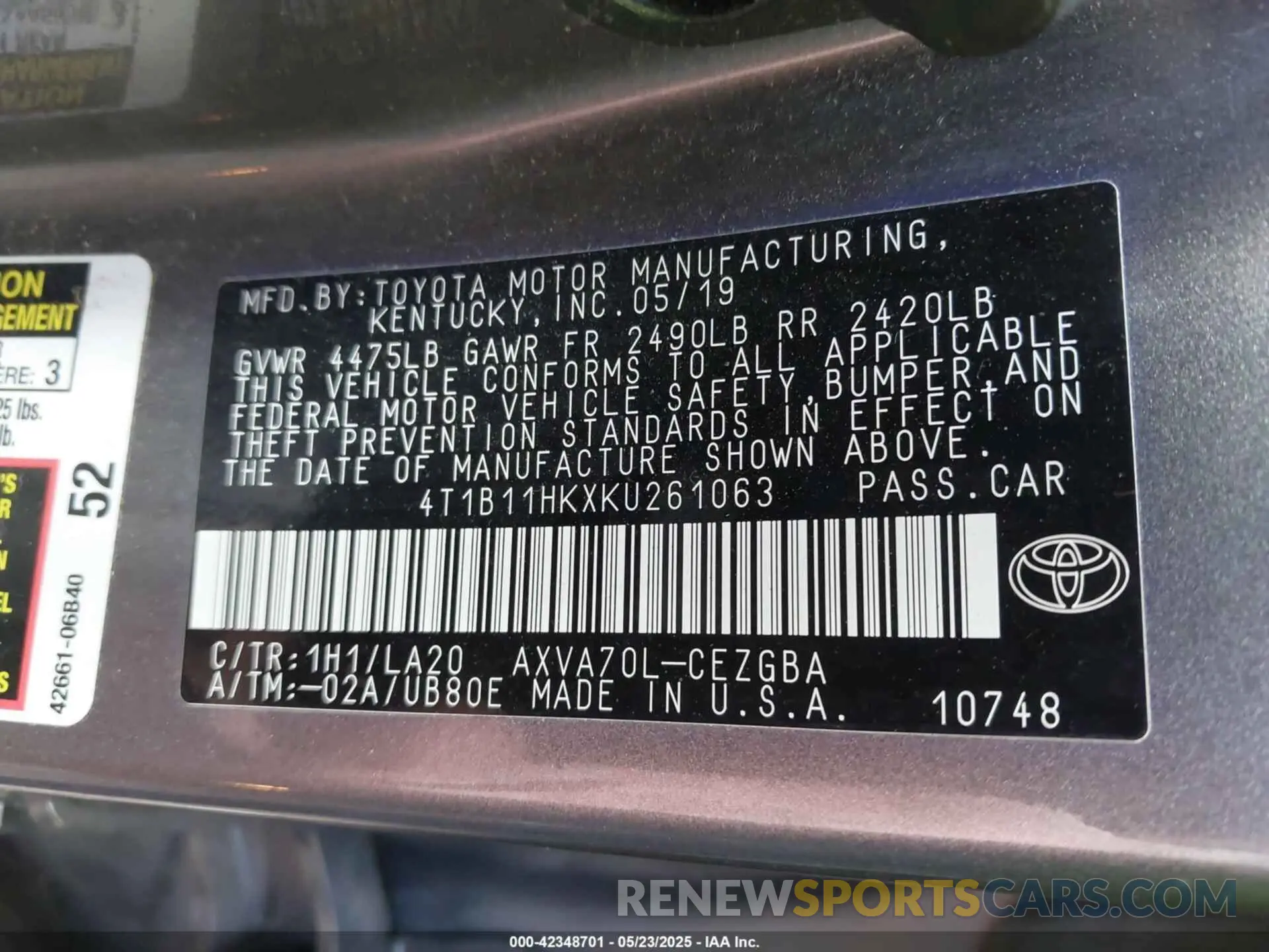 9 Фотография поврежденного автомобиля 4T1B11HKXKU261063 TOYOTA CAMRY 2019