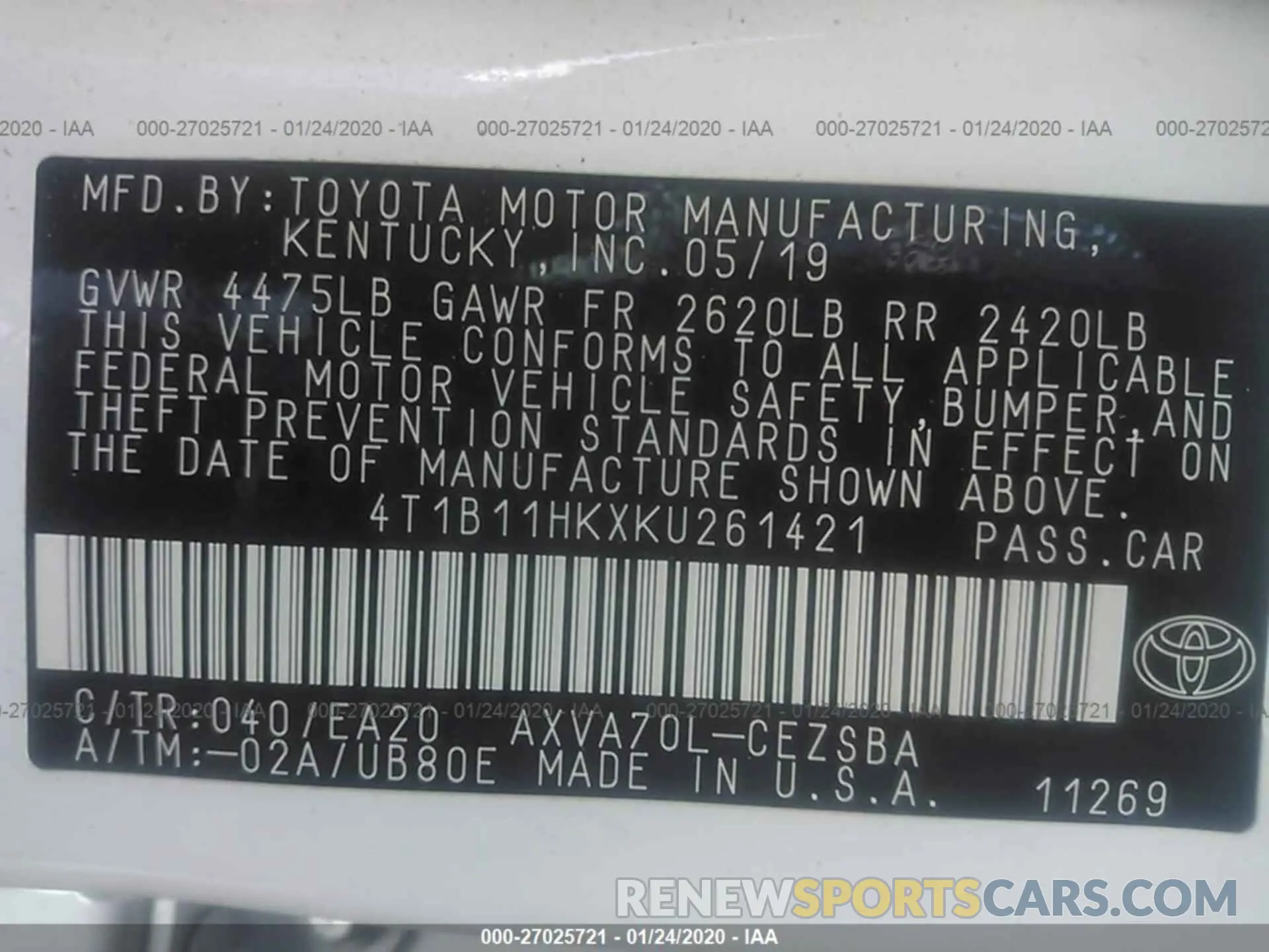 9 Photograph of a damaged car 4T1B11HKXKU261421 TOYOTA CAMRY 2019