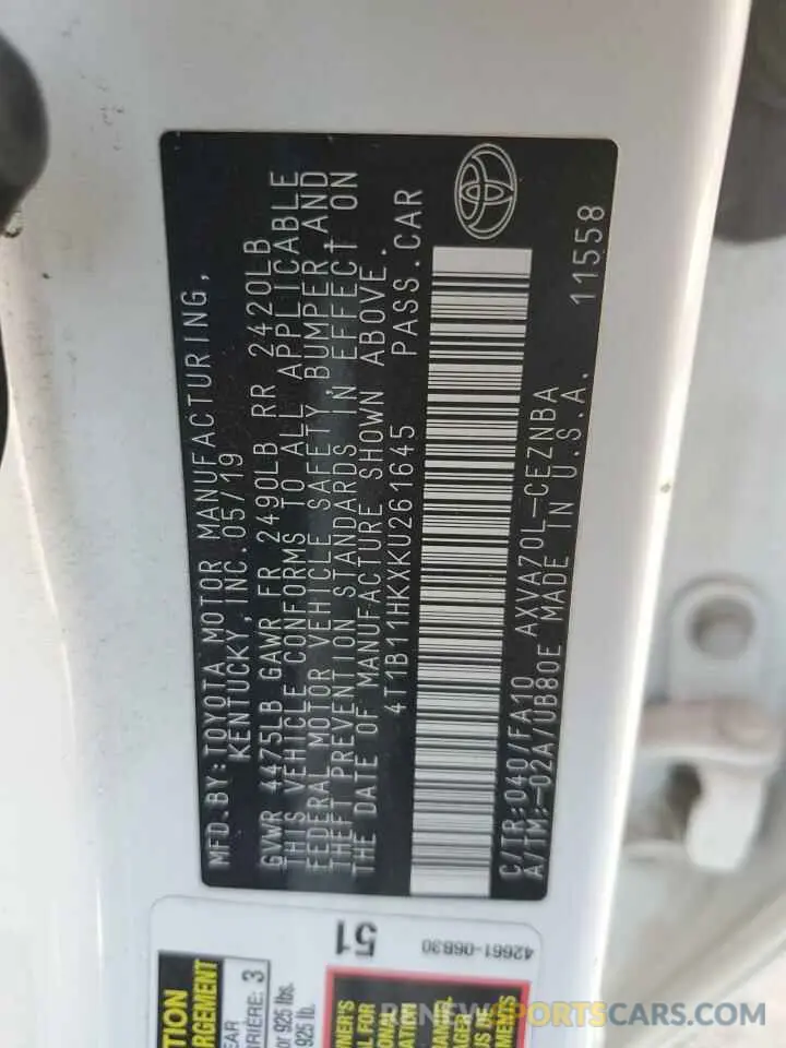 12 Photograph of a damaged car 4T1B11HKXKU261645 TOYOTA CAMRY 2019