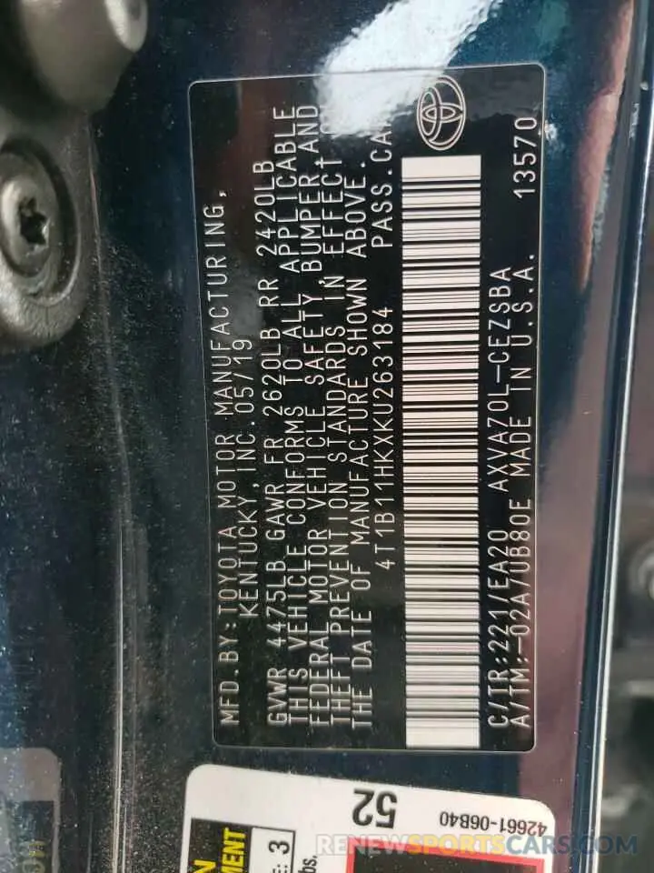 12 Photograph of a damaged car 4T1B11HKXKU263184 TOYOTA CAMRY 2019