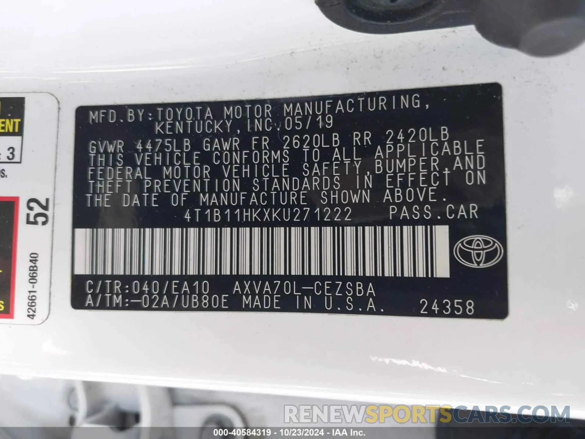 9 Photograph of a damaged car 4T1B11HKXKU271222 TOYOTA CAMRY 2019