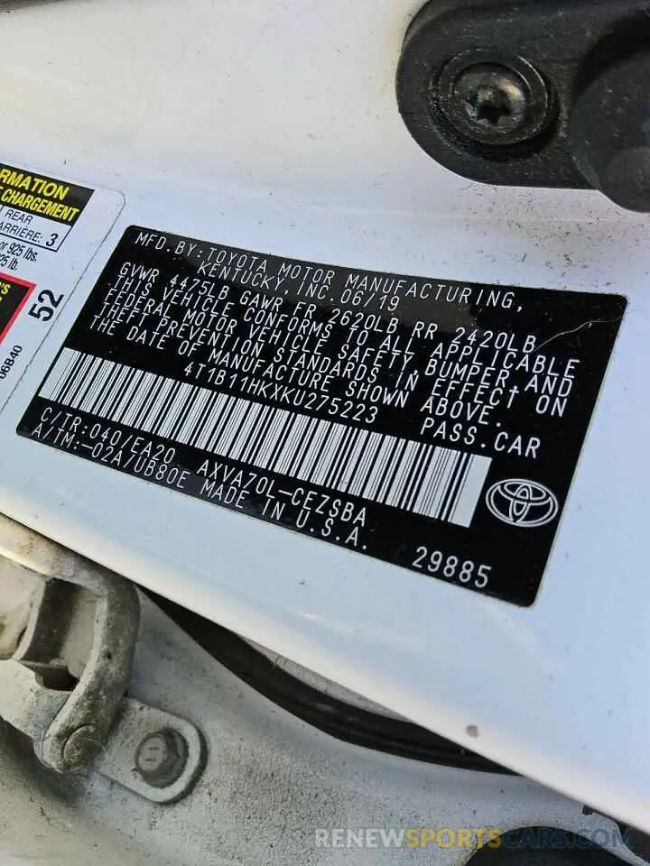 12 Photograph of a damaged car 4T1B11HKXKU275223 TOYOTA CAMRY 2019