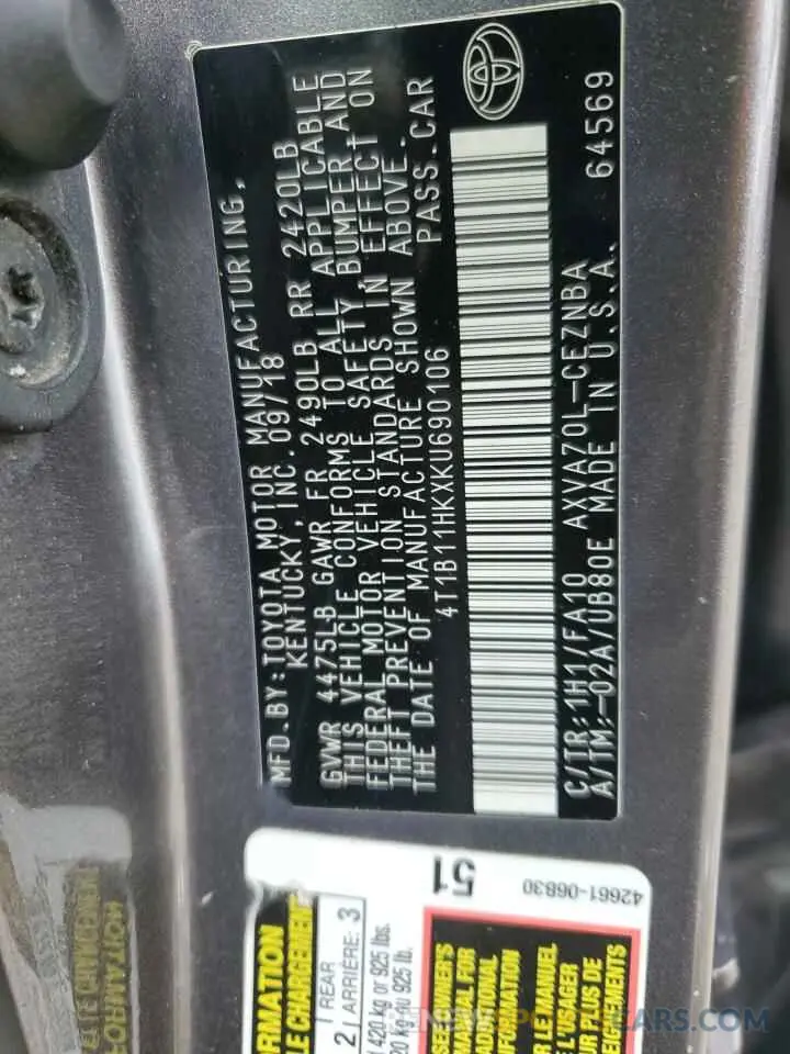 12 Photograph of a damaged car 4T1B11HKXKU690106 TOYOTA CAMRY 2019