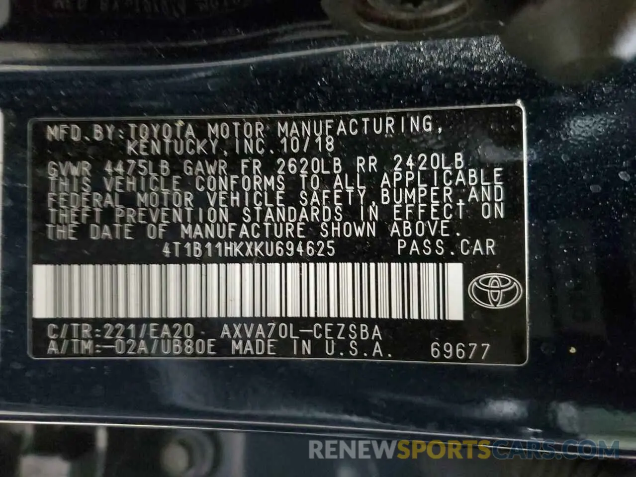 12 Photograph of a damaged car 4T1B11HKXKU694625 TOYOTA CAMRY 2019